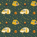 Pattern with tent and RV camping. Colorful background with a mobile home on wheels for relaxing in the forest. Camping