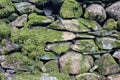 Pattern and texture background of old stone wall covered with clumps of green moss Royalty Free Stock Photo