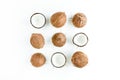 Pattern, texture with coconuts on white background. Tropical abstract background. Flat lay, top view. Royalty Free Stock Photo