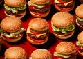 Pattern texture with tasty beef burgers cheeseburgers with vegetables and sauce on red background.Macro.AI Generative Royalty Free Stock Photo