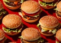 Pattern texture with tasty beef burgers cheeseburgers with vegetables and sauce on red background.Macro.Ai Generative Royalty Free Stock Photo