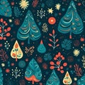 pattern with textured Christmas trees in trendy colors on dark background. Modern festive textile, design. generative ai