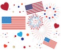 4th of July Happy Independence Day symbols icons set Patriotic American flag, stars fireworks confetti balloons ribbon pattern Royalty Free Stock Photo