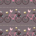 Pattern on the theme of animals. Square pattern with cat, bees and chicken, bird on bicycle