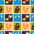 Pattern on the theme of animals. Square pattern with a cat, bird chicken, bees, stork