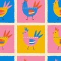 Pattern on the theme of animals. Square template with bird chicken in bright colors