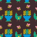 Pattern on the theme of plants and animals. Square template with potted plants, flower beds, bees and chicken