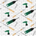 Pattern tools construction on brick wall Royalty Free Stock Photo