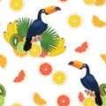 Pattern with toucan and fruits. Vector seamless texture.