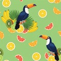 Pattern with toucan and fruits. Vector seamless texture.