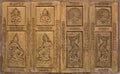 Traditional thai style carved on wood window door Royalty Free Stock Photo