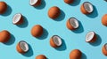 Pattern of tropical coconuts arranged on a light blue background. The composition conveys a fresh, summery, beach-inspired feel, Royalty Free Stock Photo