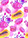 Pattern with tropical fruits executed in watercolor papaya and pink pitahaya and drops