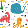 Pattern with tropical wild animals. Kid drawing.Abstract childish art. Baby pattern. For nursery fashion,wrapping or cover. Royalty Free Stock Photo