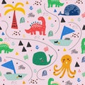Pattern with tropical wild animals. Kid drawing.Abstract childish art. Baby pattern. For nursery fashion,wrapping or cover. Royalty Free Stock Photo