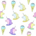 Pattern with unicorn and ice-cream. Magic horse on the white background