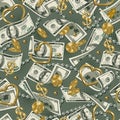 Pattern with 100 US dollar bills, gold coins