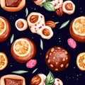 Pattern of various desserts including cookies, cakes, and fruit Royalty Free Stock Photo