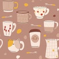 Pattern with various modern cups.Beige tableware Royalty Free Stock Photo