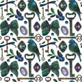 A pattern of vintage elements: keys, brooches, birds, bows, and blueberry twigs. Beautiful hand-drawn isolated elements in blue an Royalty Free Stock Photo