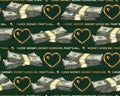 pattern with wads of 100 dollar bills, text, heart Royalty Free Stock Photo