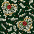 Pattern with wads of 100 dollars bills, bundle of cash money in gold heart