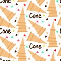 A pattern with waffle cones for ice cream on a white background with the inscription cone and hearts. Cute summer vector