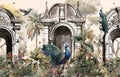 pattern wallpaper with peacock birds background with arch of trees plants and birds in a vintage style landscape