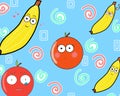 A pattern of wallpaper thats draw about cartoon of banana and tomatos. Its good for fabric or wraping paper