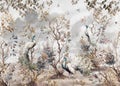 pattern wallpaper with white peacock birds with trees plants and birds in a landscape gray background Royalty Free Stock Photo