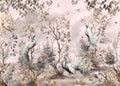 pattern wallpaper with white peacock birds with trees plants and birds in a landscape pink background