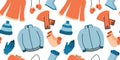 Pattern of warm winter clothes. Jacket, knitted sweater. Scarf, hat. Gloves and mittens. Socks, rubber boots. Outerwear