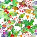 Pattern with watercolor branches with the red and orange berries and green leaves