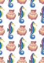 Pattern of watercolor illustration of scallop shell and seahorse Royalty Free Stock Photo