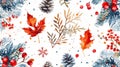 A pattern of a watercolor painting with leaves, berries and pine cones, AI Royalty Free Stock Photo