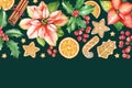 Pattern with watercolor poinsettia flowers, ginger cookies, sweets and holly berries