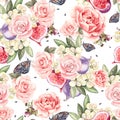 Pattern with watercolor realistic roses, butterflies and figs. Royalty Free Stock Photo