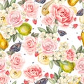 Pattern with watercolor realistic roses, butterflies and fruits, pears, raspberry.