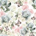 Pattern with watercolor realistic roses, butterflies and plants. Royalty Free Stock Photo