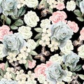 Pattern with watercolor realistic roses, butterflies and plants. Royalty Free Stock Photo