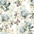 Pattern with watercolor realistic roses, butterflies and plants.