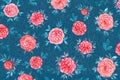 A pattern of watercolor roses on a worn textured turquoise background. Bright and colorful floral background for design, stickers