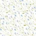 Pattern of watercolor thin twigs with blue flowers.