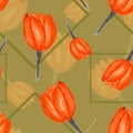 Pattern with a watercolor tulip, orange color with a geometric figure, a square on a gentle khaki background Royalty Free Stock Photo