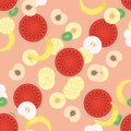 Pattern with watermelon, pineapple, banana, peach, apple, orange and kiwi. Royalty Free Stock Photo