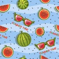 Pattern of watermelon, slices and glasses, Seamless background