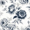 Pattern of white background with black and blue chinese porcelain texture featuring peony