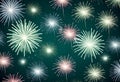 Pattern of white fireworks with hints of pink and green on a dark green background. Festive and celebratory design for Royalty Free Stock Photo