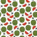 Pattern of whole watermelons and slices.