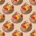 Pattern from a wicker basket with fresh vegetables on a brown background. Collection of vegetables and fruits in summer and autumn Royalty Free Stock Photo